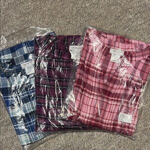 NWT Set of 3 Plaid Button-Up Shirts in Blue, Purple, and Pink
